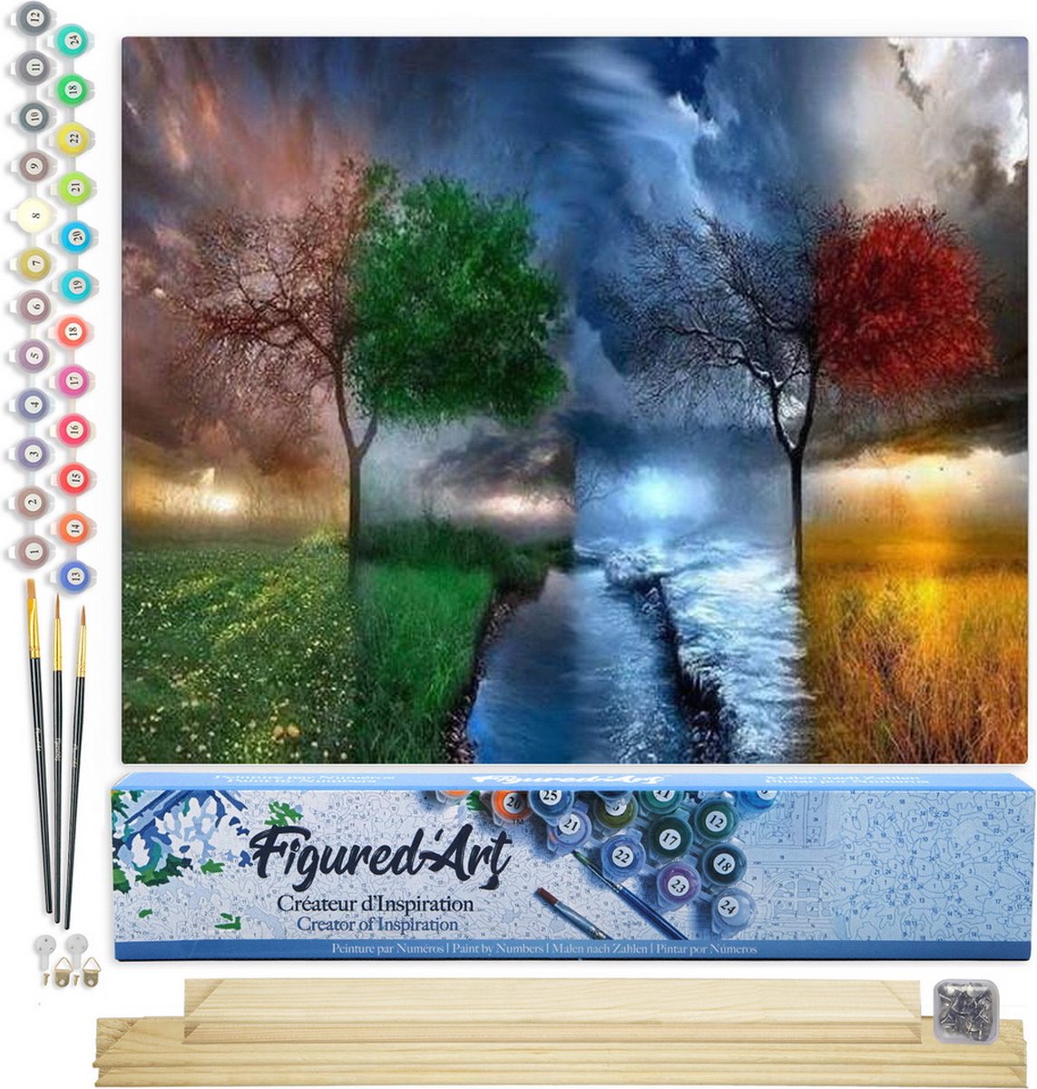 FiguredArt Schilderen op Nummer Volwassenen canvas De 4 seizoenen - Handwerk acrylverf Kit DIY Compleet - 40x50cm met DIY houten lijst